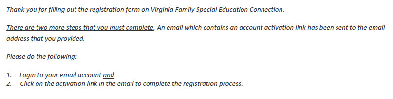 Screenshot of VA Family Registration Confirmation Page