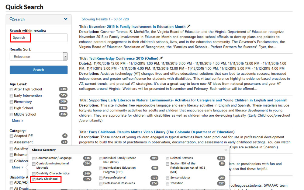Screenshot of VA Family Search Section